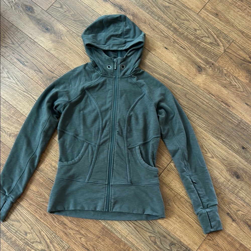 Athleta Green Hooded Performance Jacket with Thumb Holes